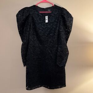 Express NWT Black Floral Lace Dress with Puff Long Sleeves Size Large
